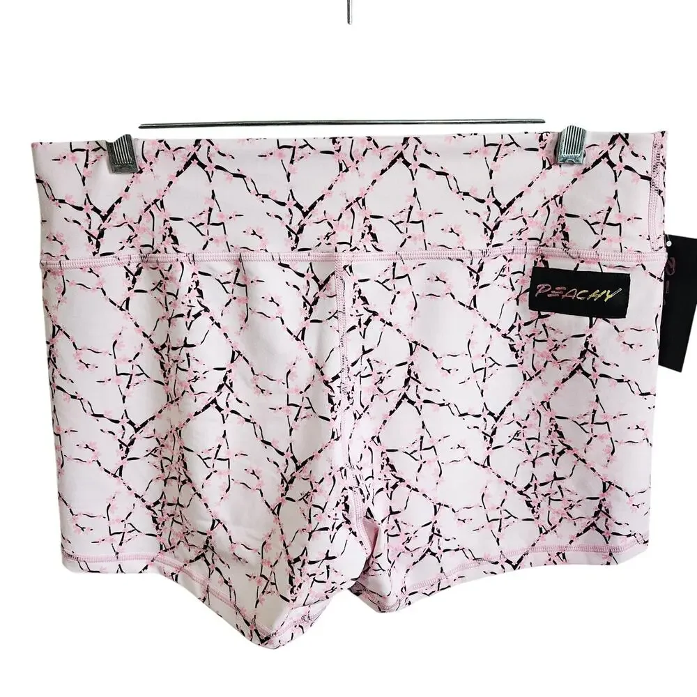 Peachy Women's XL Serenity Athletic Shortie Shorts Pink Cherry Blossom Gym NWT